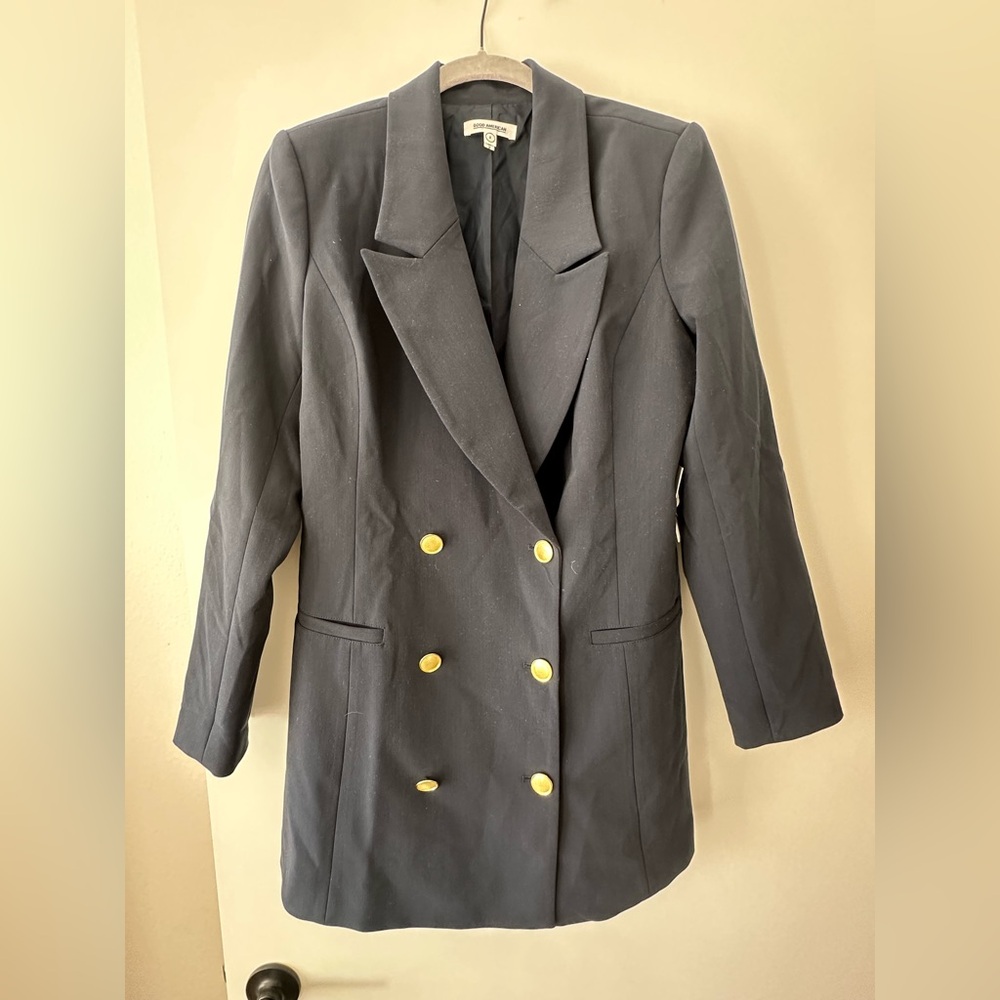 Good American Navy Blue Blazer Dress with Gold Buttons